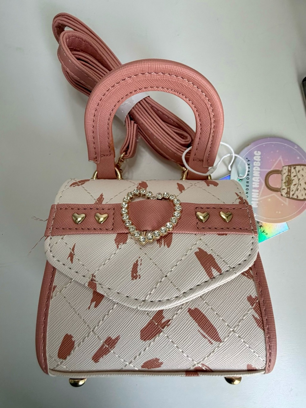 Pink Cream Heart-Accent Quilted Crossbody Mini Handbag